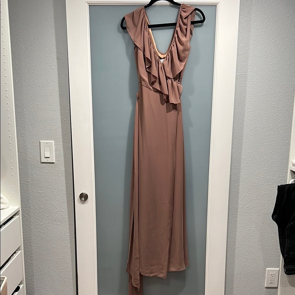 Joanna August Pink Ruffled One Shoulder Gown